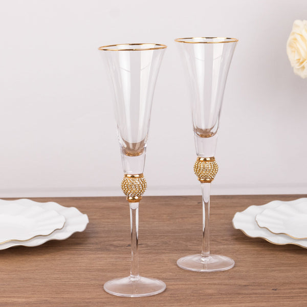 6-Pack Champagne Flute Glasses Clear Gold Rim Design with Studded Rhinestones - Long Stem Crystal Glassware for Wine & Events 6oz 11"
