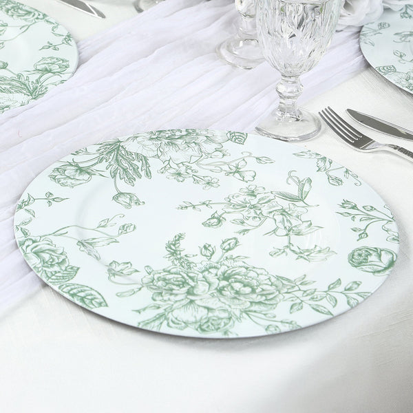 6 Pack Round Floral Acrylic Charger Plates in French Toile Pattern, 13" White Sage Green Dinner Charger Event Tabletop Decor
