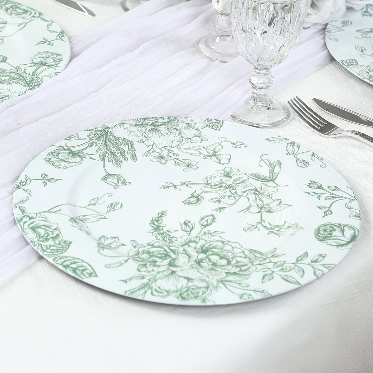 6 Pack Round Floral Acrylic Charger Plates in French Toile Pattern, 13" White Sage Green Dinner Charger Event Tabletop Decor